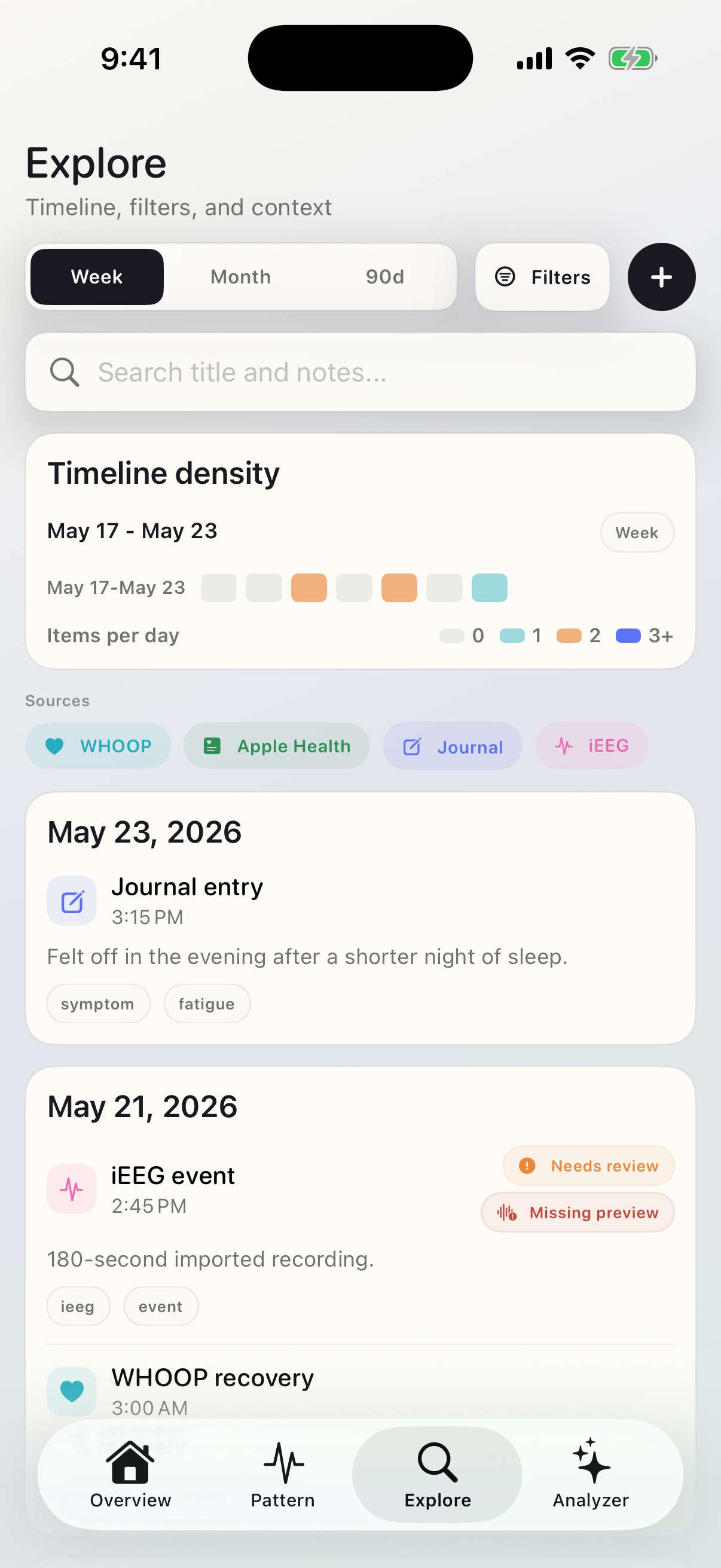 Neurotrace iOS Explore timeline showing sample journal entries, iEEG events, and WHOOP recovery