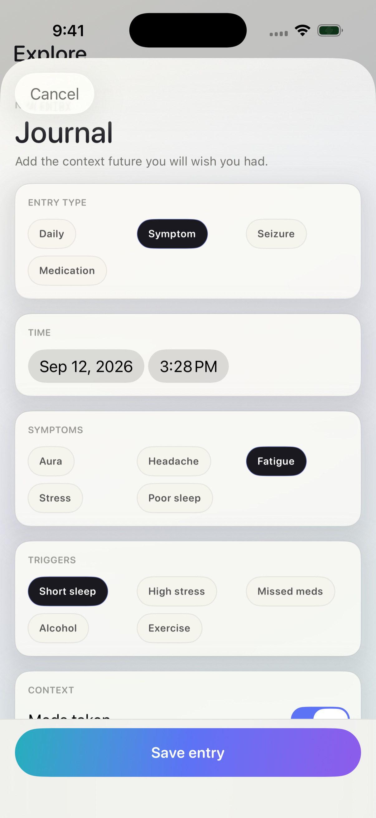 Neurotrace iOS journal composer with sample symptom and short-sleep context selected