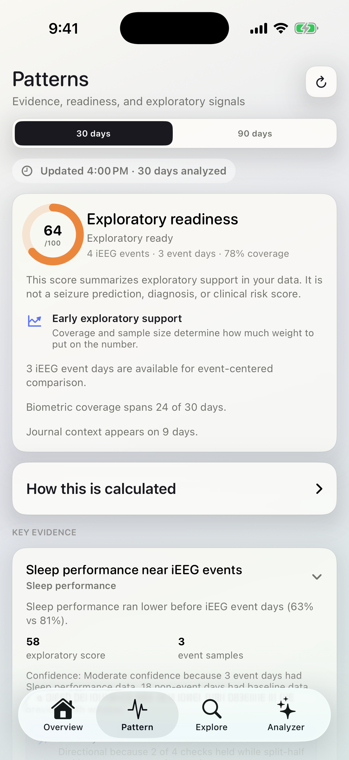 Neurotrace iOS Pattern screen showing an exploratory sleep comparison using sample data